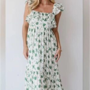Arula White and Green Floral Ruffle Maxi Dress 1X 16 18 Wedding Baby Feminine